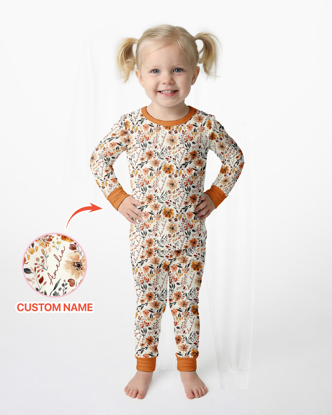 Custom Name Fall Flower Bamboo Two Piece Long Sleeve Pajama Set