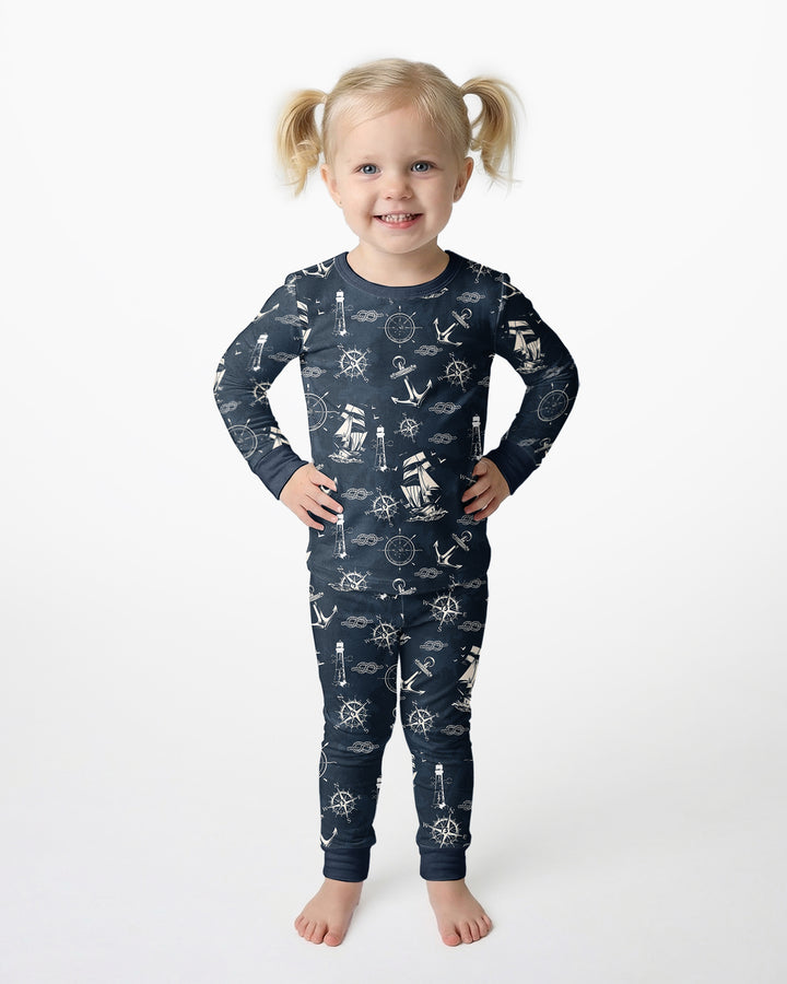 Vintage Nautical Voyage Bamboo Two Piece Long Sleeve Pajama Set
