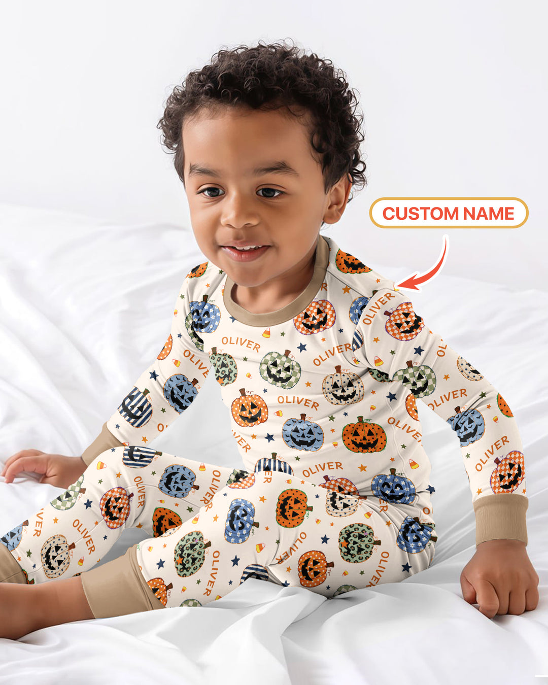 Custom Name Colorful Jack O Lantern Bamboo Two Piece Long Sleeve Pajama Set
