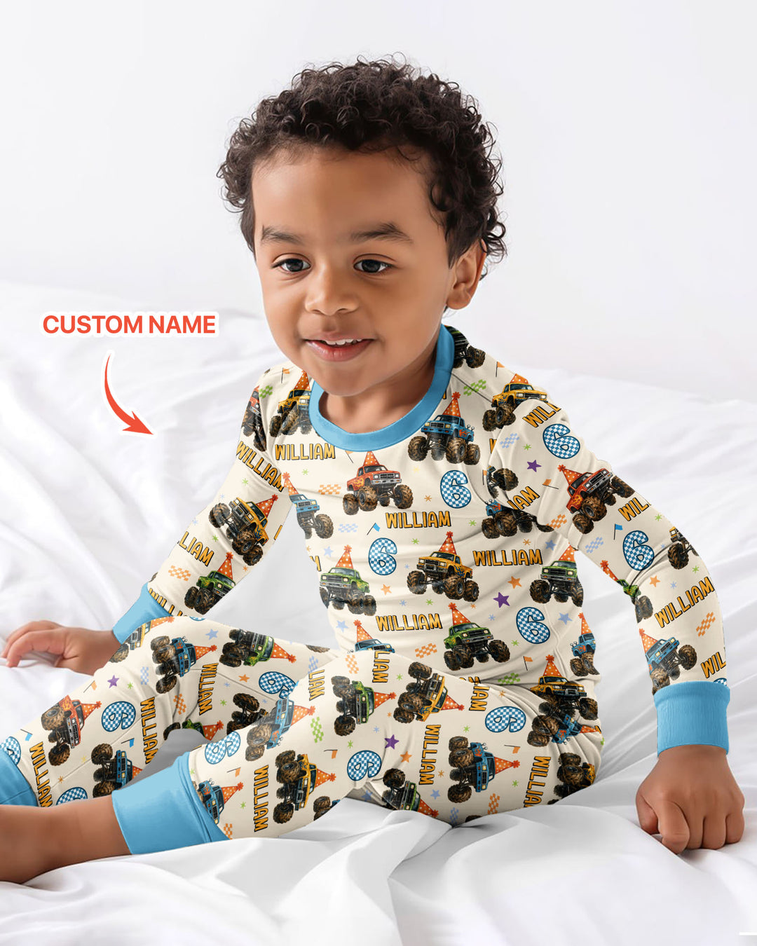 Custom Name Birthday Boy Monster Truck Bamboo Two Piece Long Sleeve Pajama Set