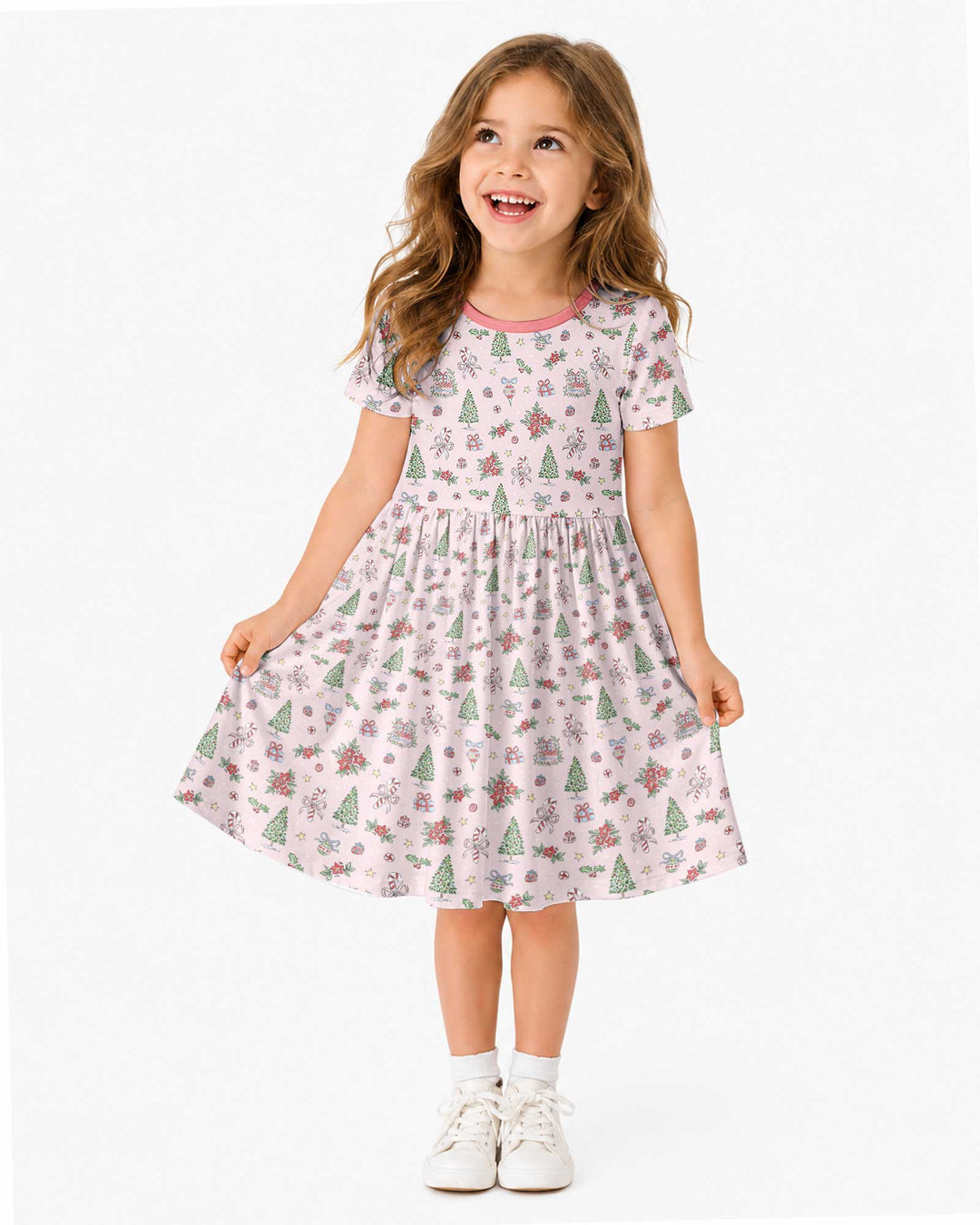 Watercolor Pink Christmas Holidays Christmas Tree Gifts Candy Cane Bamboo Twirl Dress