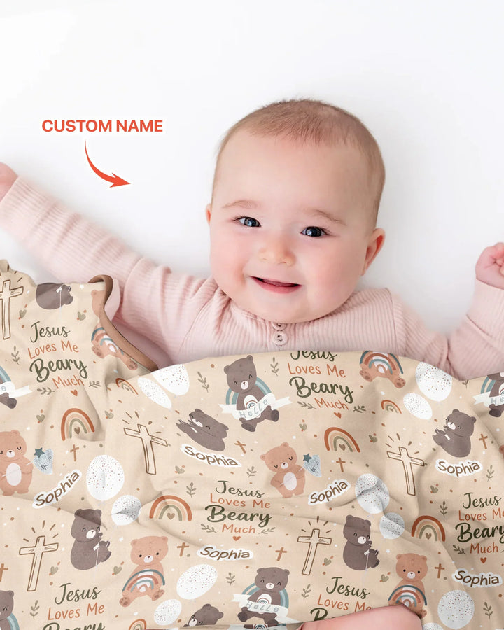Custom Name Jesus Loves Me Beary Much Bamboo Blanket