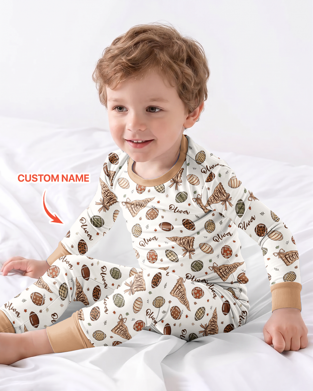 Custom Name Football Fall Season Bamboo Two Piece Long Sleeve Pajama Set