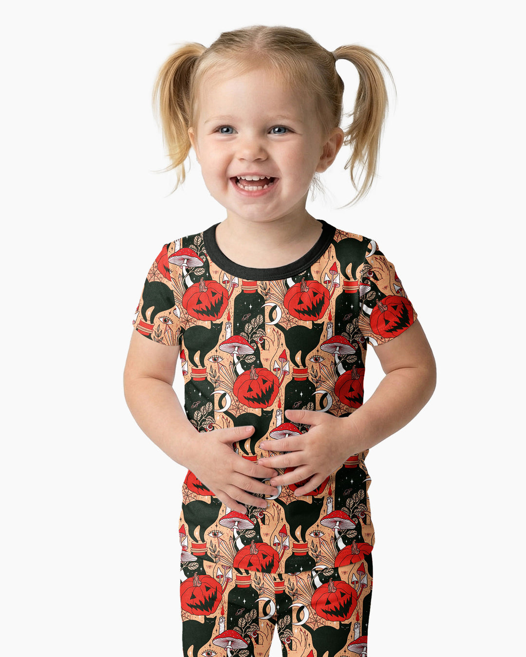 Black Cat And Pumpkin Halloween Bamboo Two Piece Short Sleeve Pajama Set