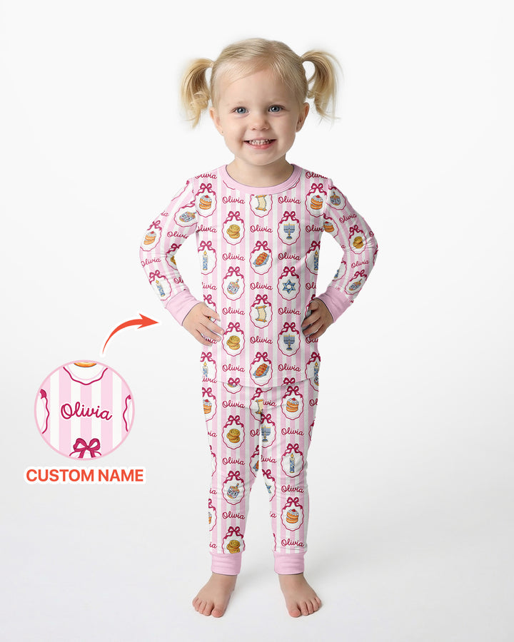 Custom Name Hanukkah Striped Bamboo Two Piece Long Sleeve Pajama Set
