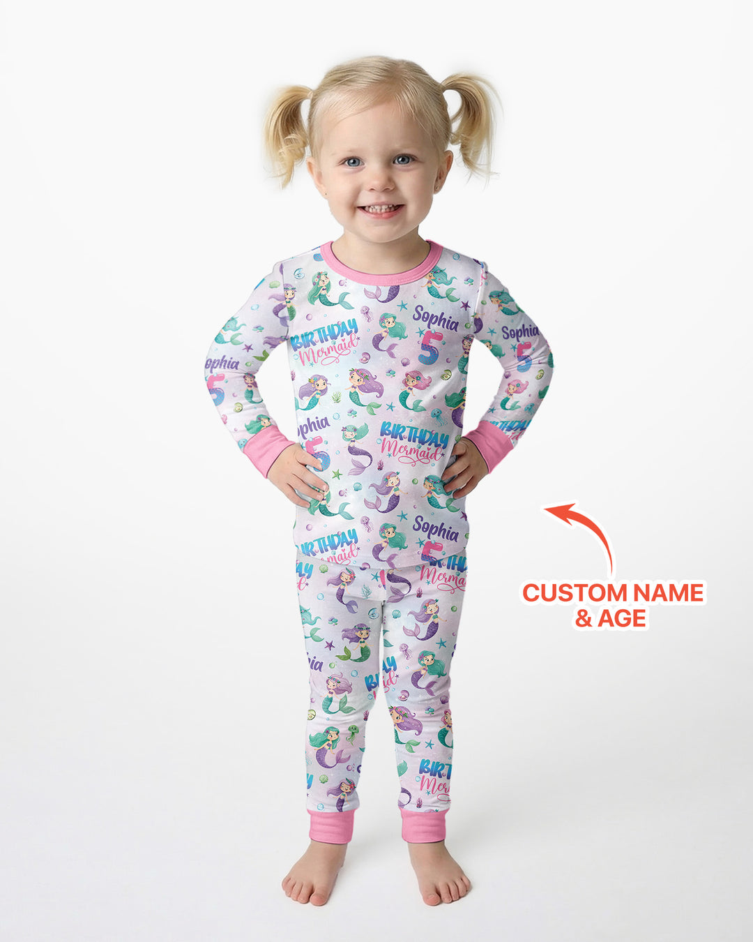 Custom Name and Age Birthday Mermaid Bamboo Two Piece Long Sleeve Pajama Set