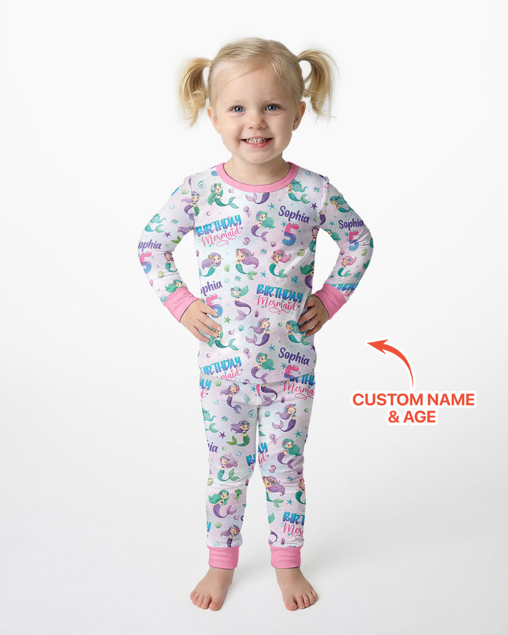 Custom Name and Age Birthday Mermaid Bamboo Two Piece Long Sleeve Pajama Set