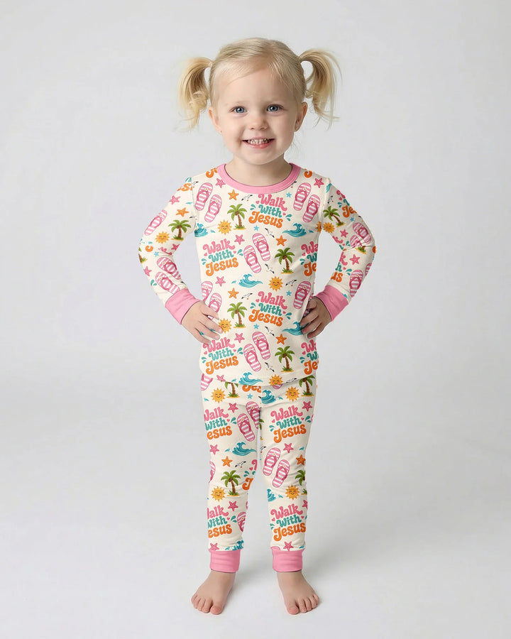 Groovy Summer Walk With Jesus Bamboo Two Piece Long Sleeve Pajama Set