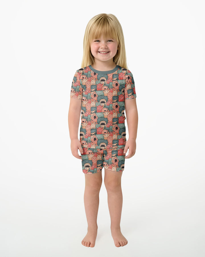 Cute Monster Crowd Bamboo Two Piece Short Sleeve Shorts Pajama Set