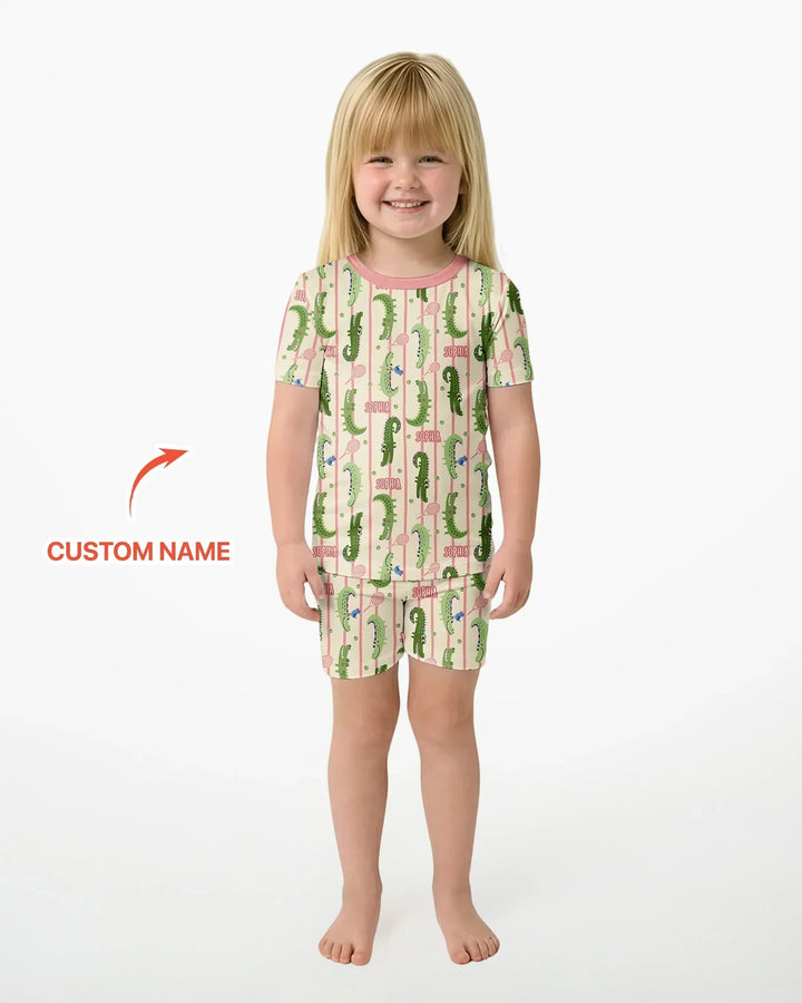 Custom Name Tennis Crocodiles Bamboo Two Piece Short Sleeve Shorts Pajama Set