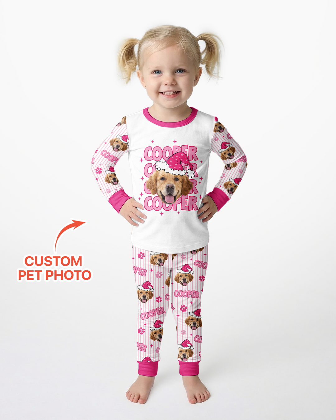 Personalized Pink Santa Dog Bamboo Two Piece Long Sleeve Pajama Set