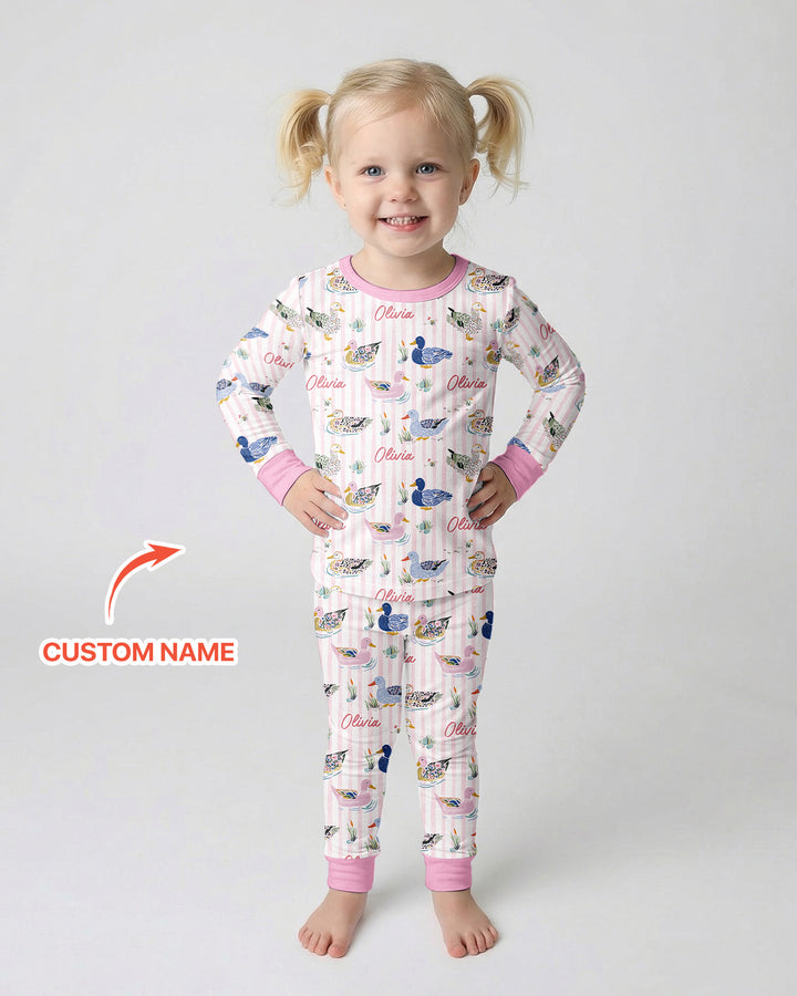 Whimsical Duck Custom Name Bamboo Two Piece Long Sleeve Pajama Set