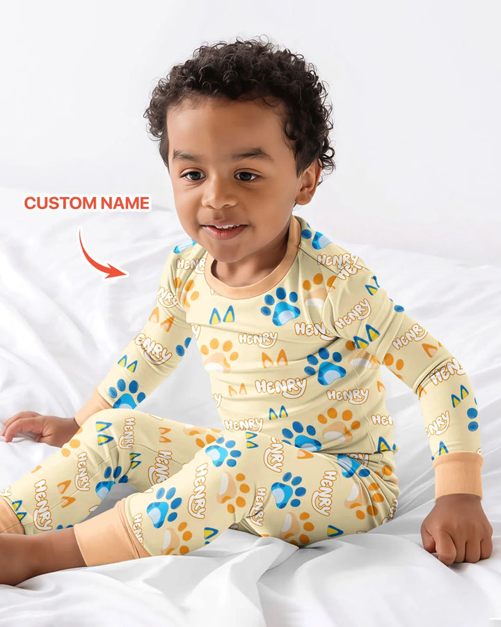 Custom Name Favourite Blue Dog Family Matching Bamboo Two Piece Long Sleeve Pajama Set