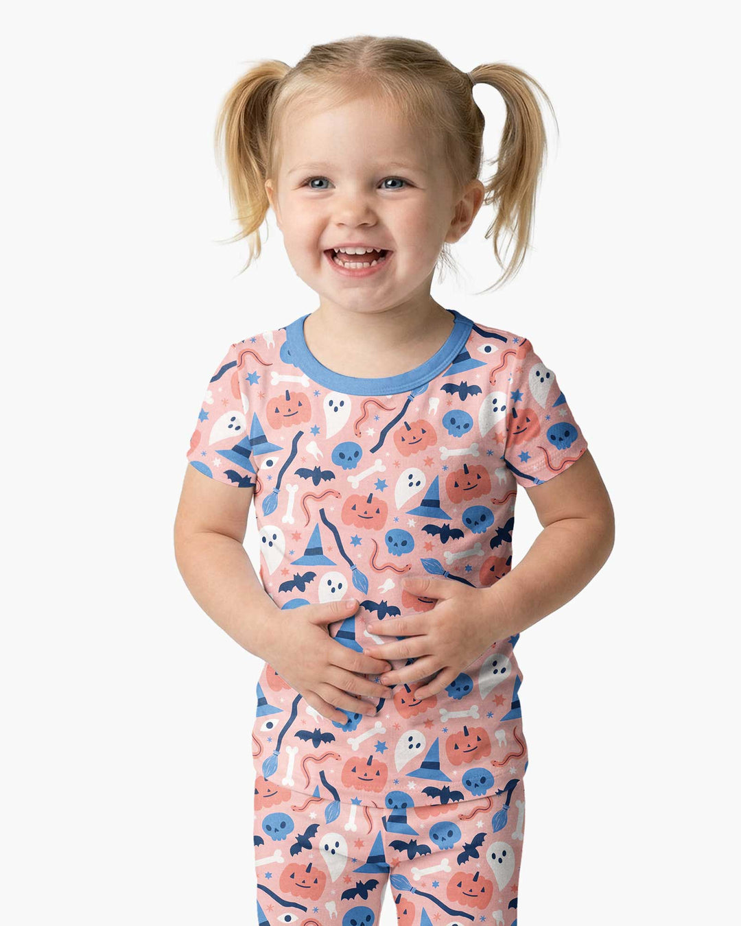 Pastel Pumpkins Skulls And Witch Craft Bamboo Two Piece Short Sleeve Pajama Set