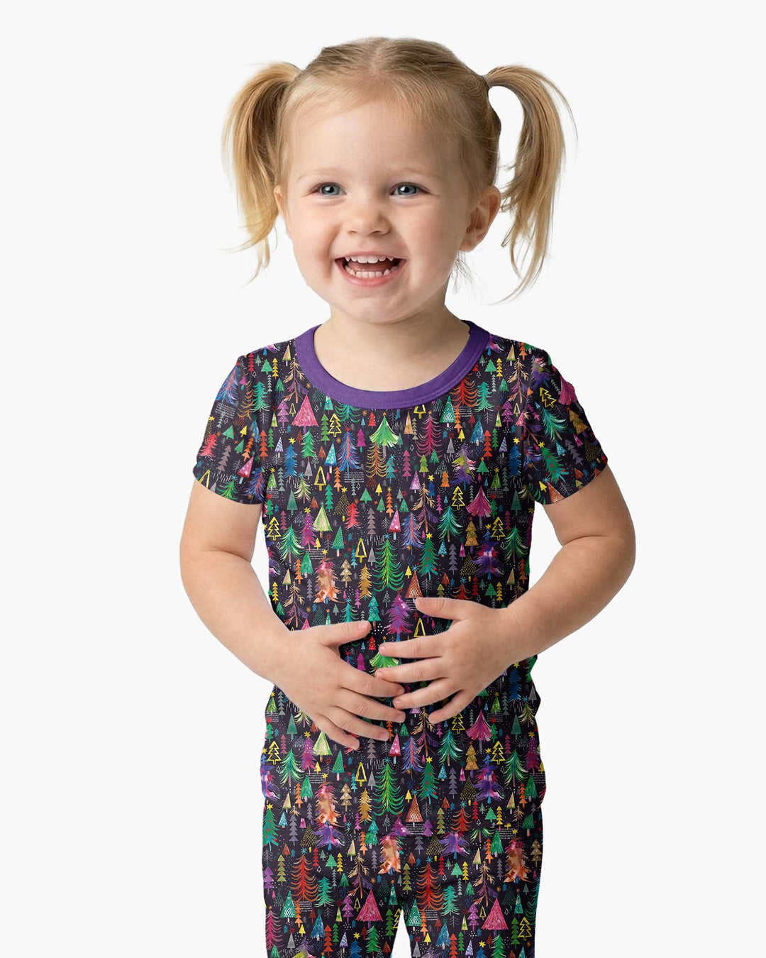 Christmas Holiday Colorful Trees Bamboo Two Piece Short Sleeve Pajama Set