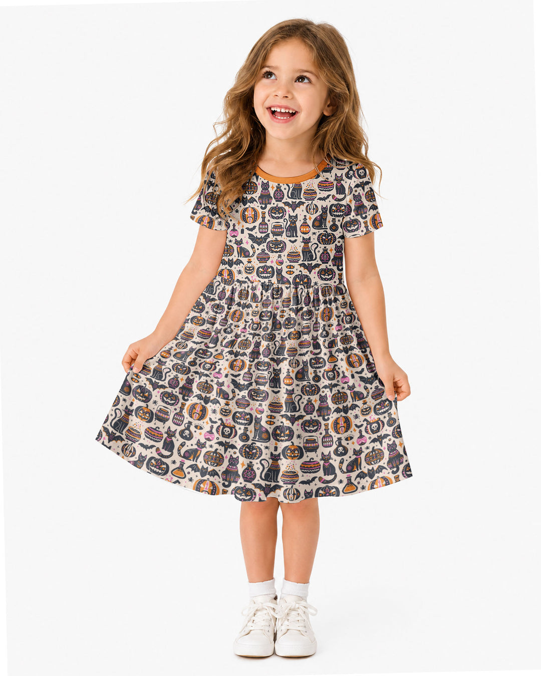 Whimsical Tribal Retro Halloween Black Cats Pumpkins Bamboo Twirl Dress