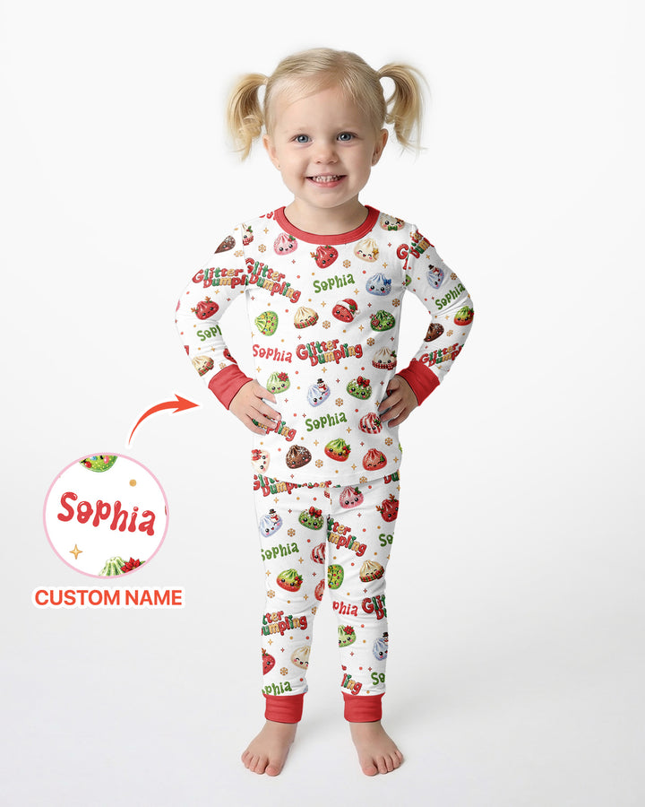 Custom Name Glitter Christmas Dumpling  Bamboo Two Piece Long Sleeve Pajama Set