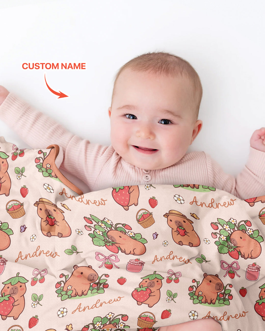 Custom Name Capybara Strawberry Bamboo Blanket