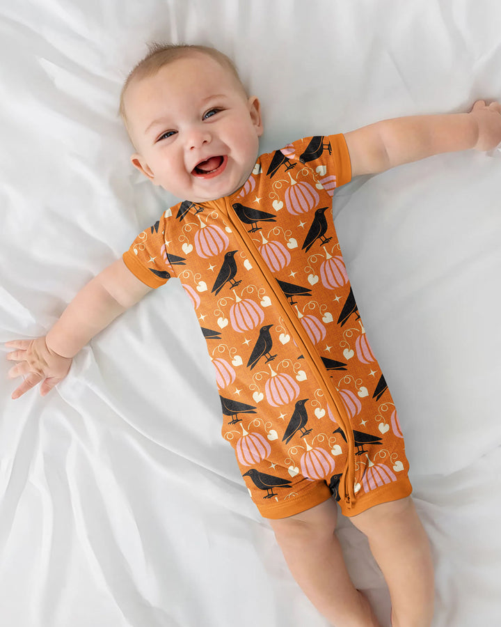 Ravens in a Pumpkin Patch - Orange Pink Bamboo Shorty Zippy