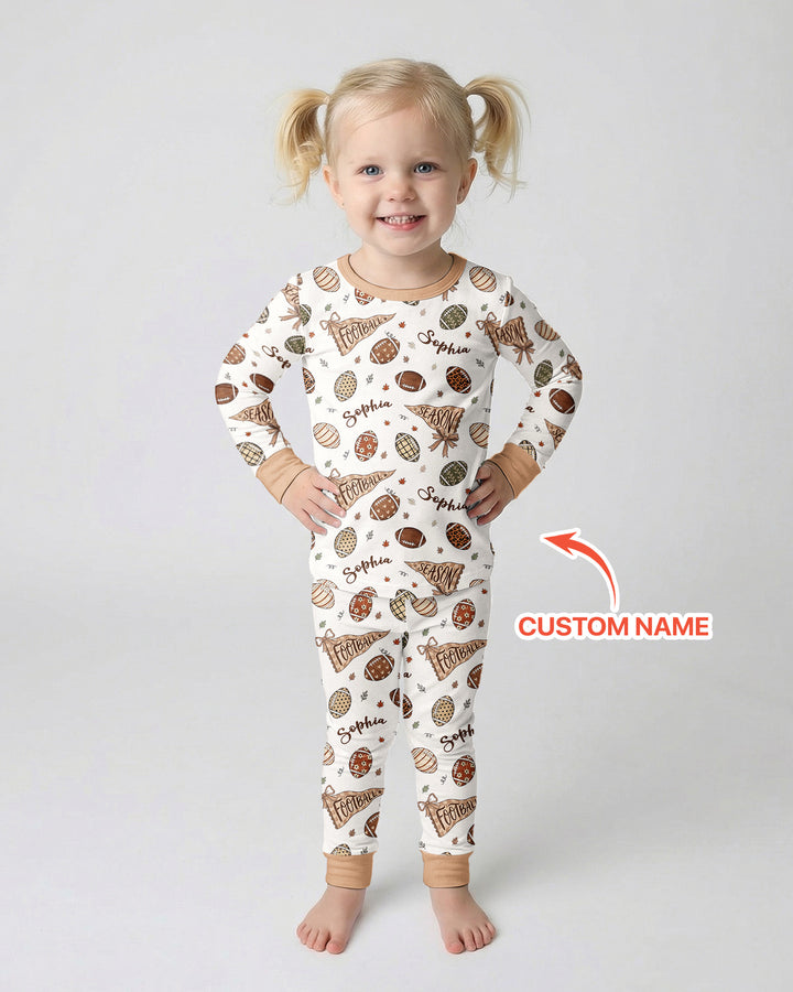 Custom Name Football Fall Season Bamboo Two Piece Long Sleeve Pajama Set