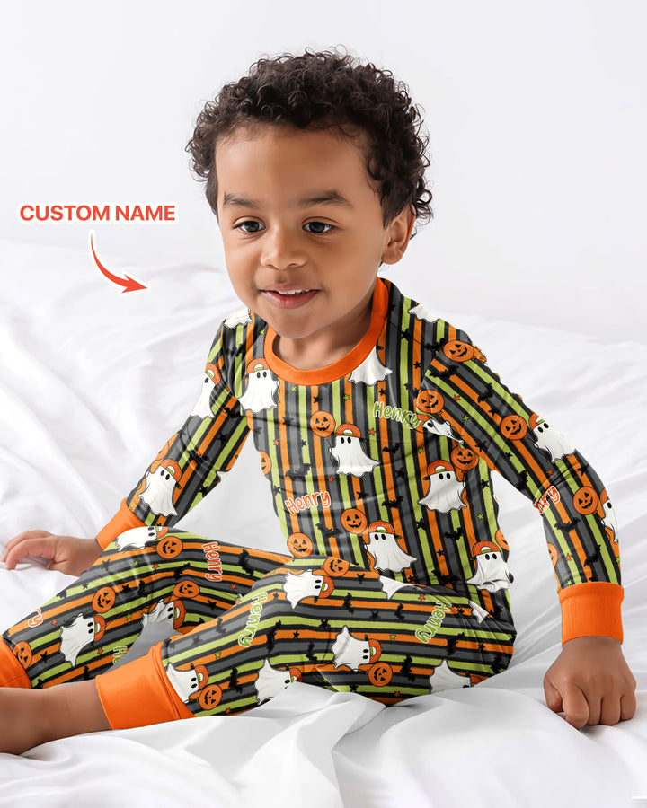 Custom Name Ghost Holding Balloon Bamboo Two Piece Long Sleeve Pajama Set