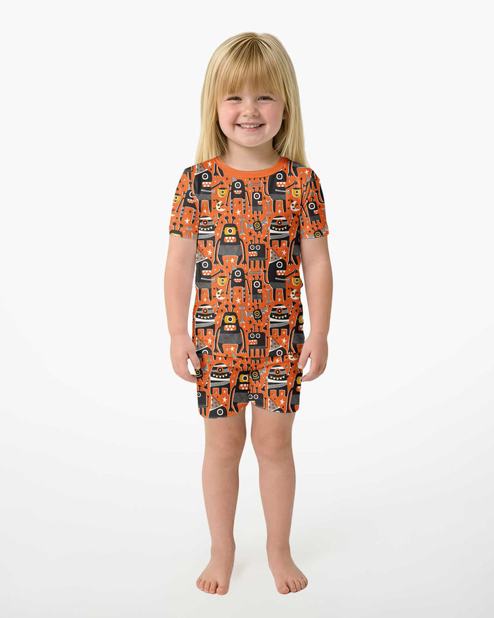 Mid Century Halloween Monster Toss Bamboo Two Piece Short Sleeve Shorts Pajama Set