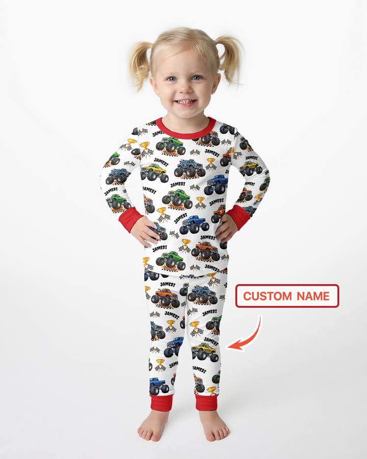 Custom Name Monster Trucks Bamboo Two Piece Long Sleeve Pajama Set