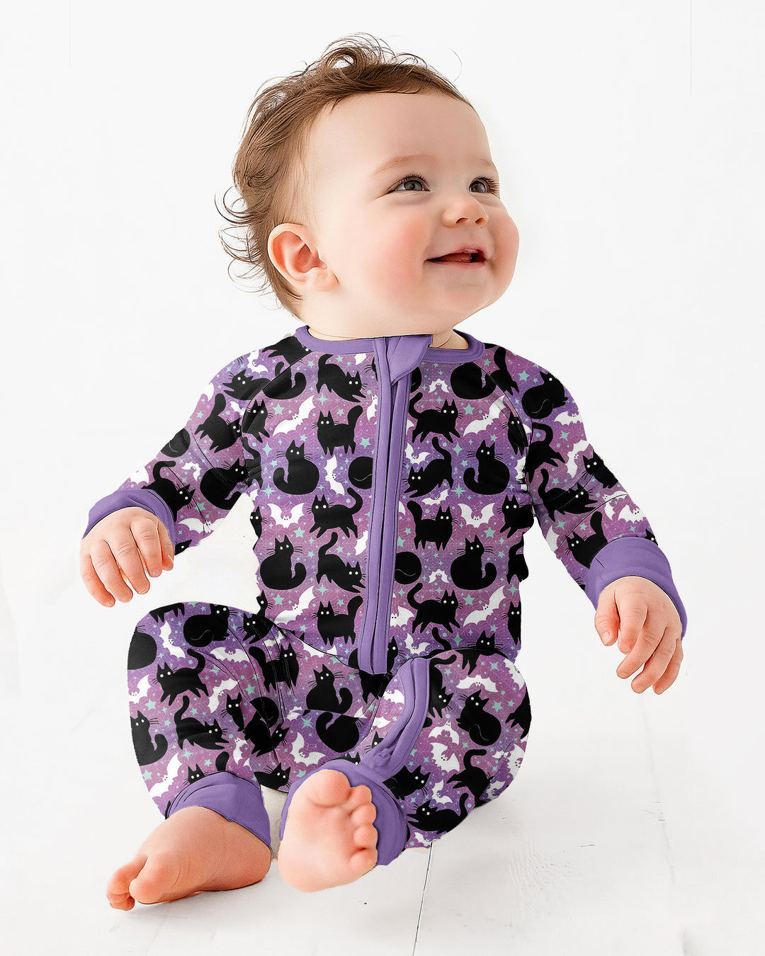 Spooky Black Cat Halloween Purple Bats Bamboo Convertible Zippy
