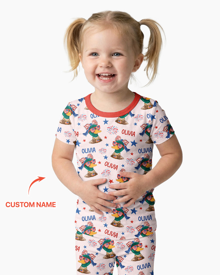 Custom Name Patriotic Mallard Duck Bamboo Two Piece Short Sleeve Pajama Set
