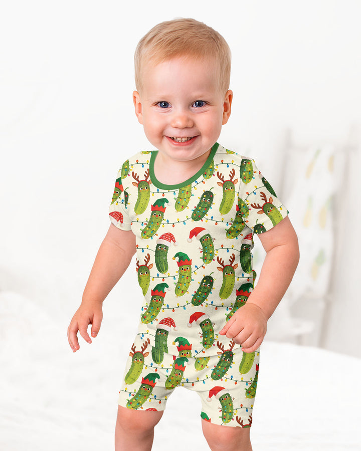 Cheerful Christmas Pickle Bamboo Two Piece Short Sleeve Shorts Pajama Set