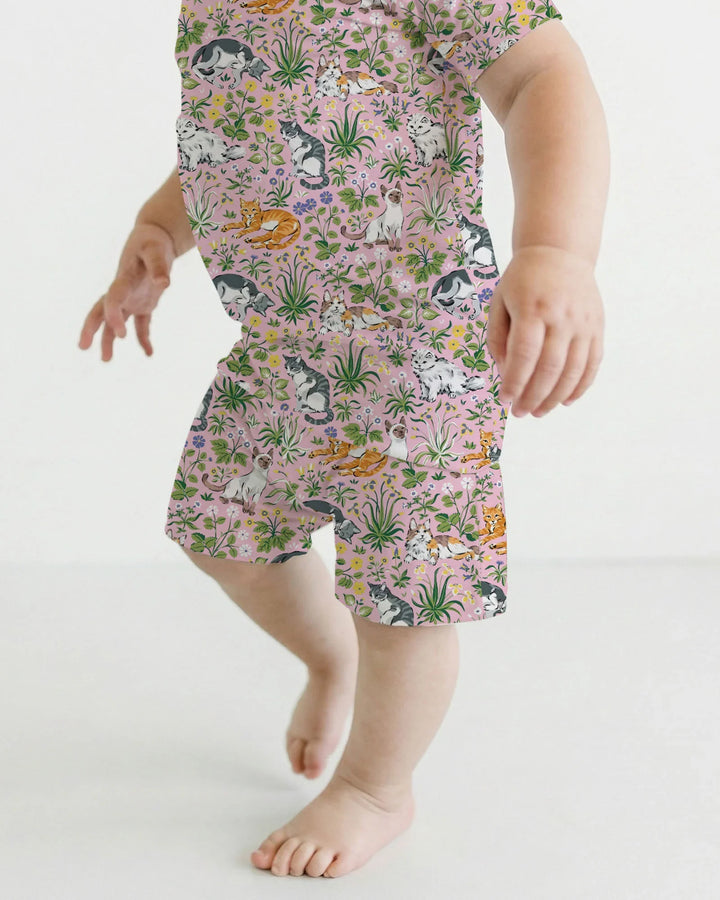 Kitten Garden Family Matching Bamboo Two Piece Short Sleeve Shorts Pajama Set