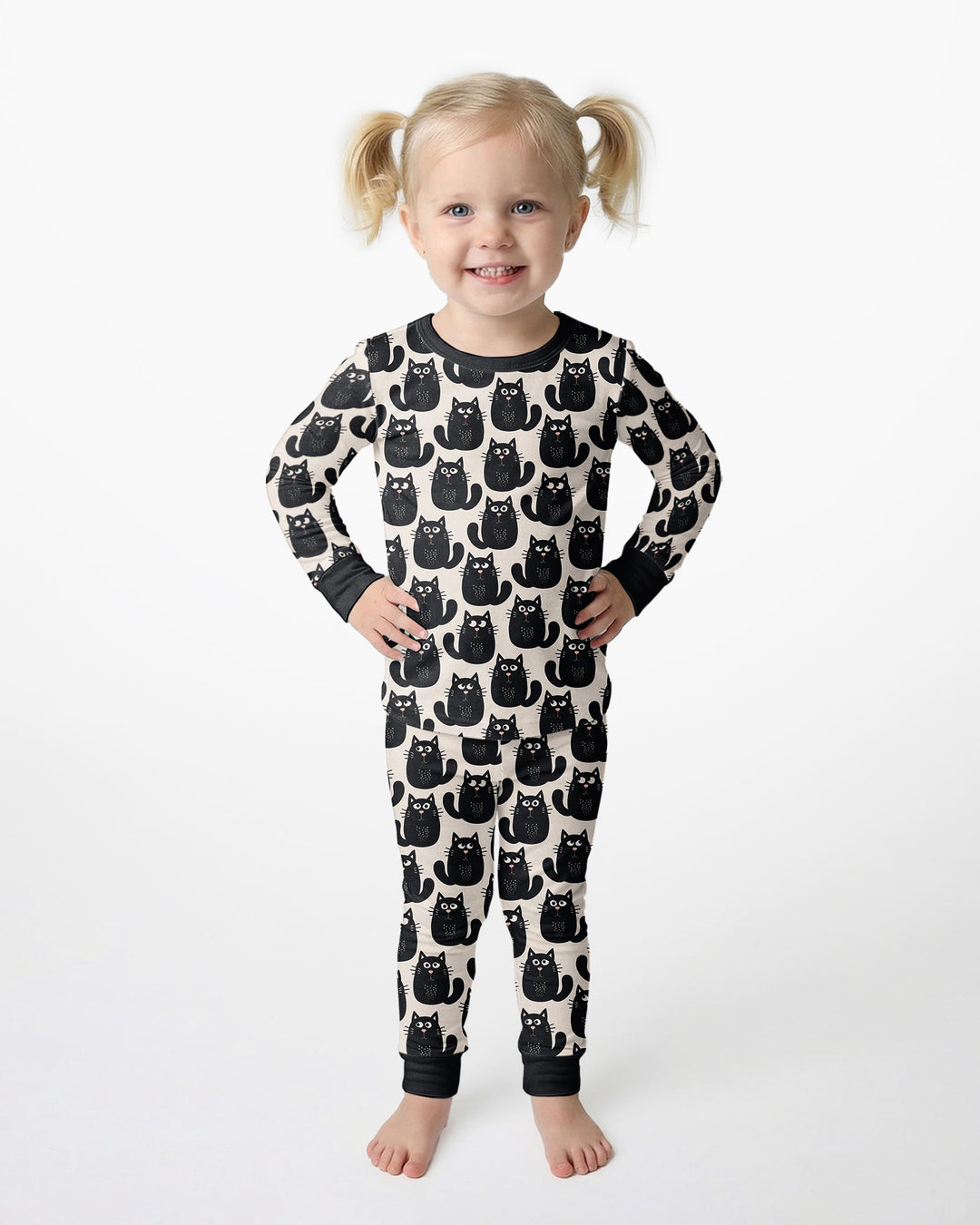 Moody Black Cats in Black and White Bamboo Two Piece Long Sleeve Pajama Set