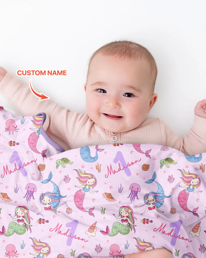 Custom Name Birthday Mermaid Bamboo Blanket