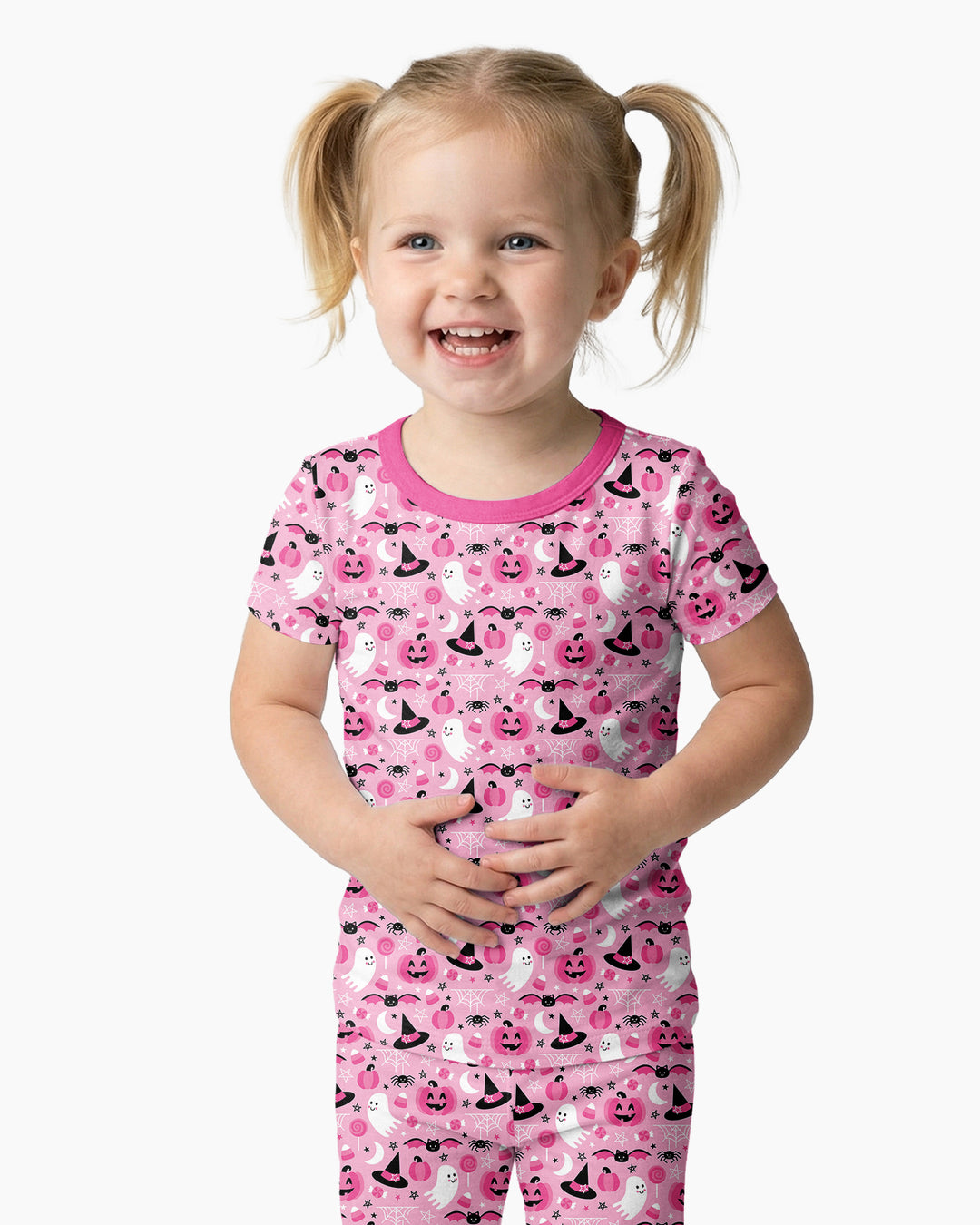 Cute Pink Halloween Ghost Pumpkin Witch Bamboo Two Piece Short Sleeve Pajama Set