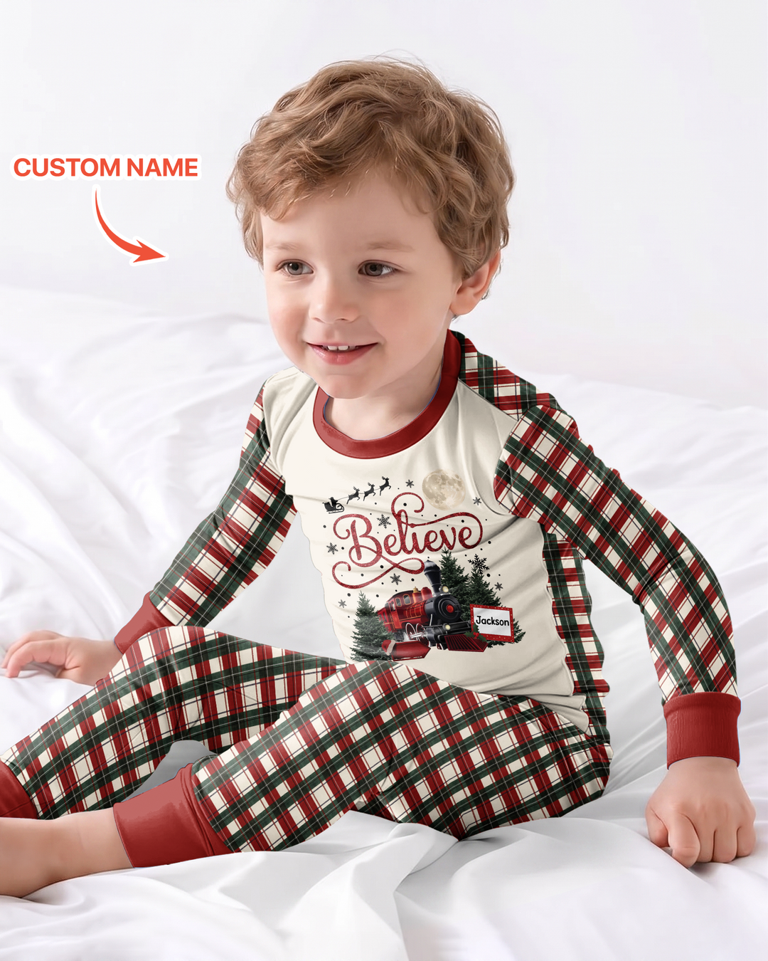 Custom Name Believe Christmas Express Bamboo Two Piece Long Sleeve Pajama Set