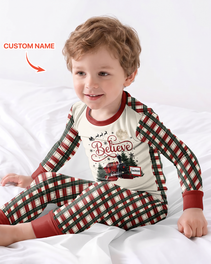 Custom Name Believe Christmas Express Bamboo Two Piece Long Sleeve Pajama Set