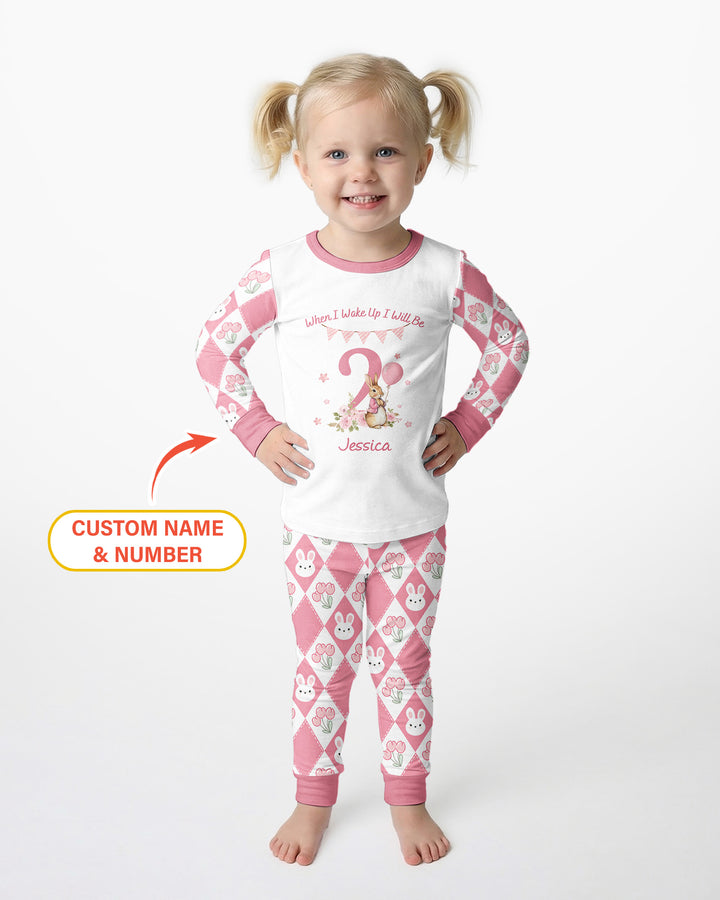 Custom Name When I Wake Up Bunny Birthday Bamboo Two Piece Long Sleeve Pajama Set