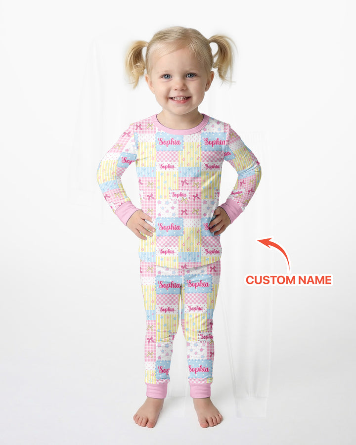 Custom Name Sweet Patchwork Bamboo Two Piece Long Sleeve Pajama Set