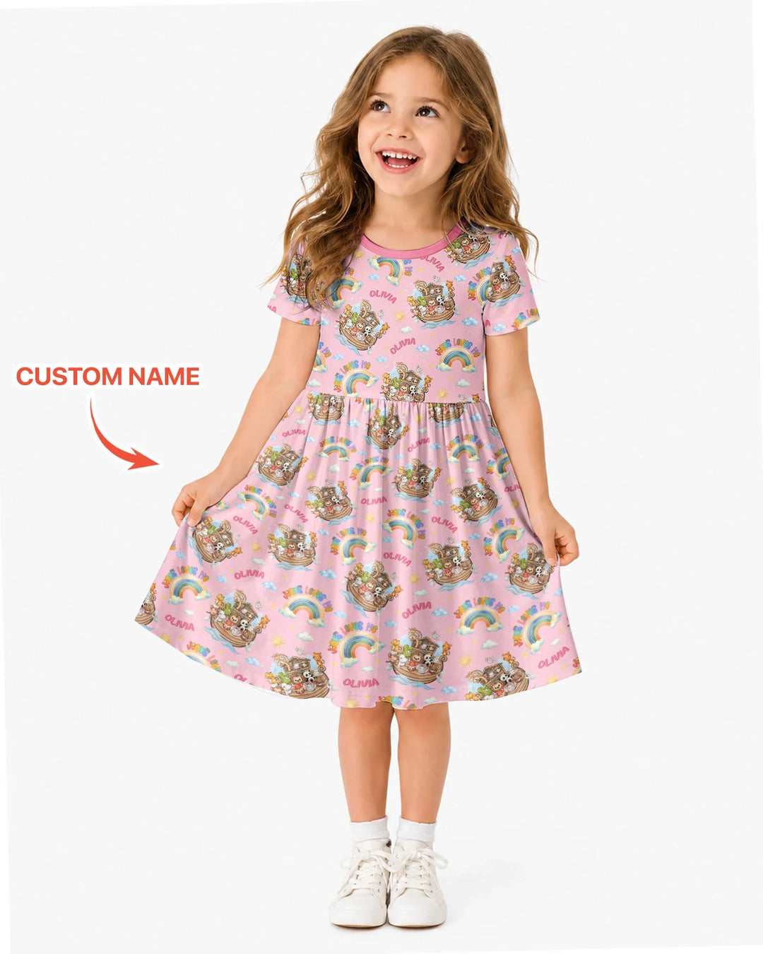 Custom Name Jesus Loves Me Noah's Ark Bamboo Twirl Dress