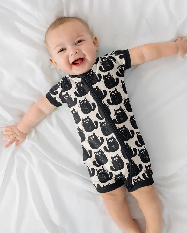 Moody Black Cats in Black and White Bamboo Shorty Zippy