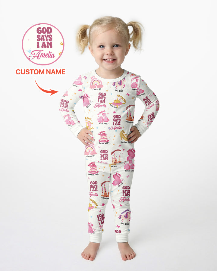 God Says I Am Custom Name - Dreamy Princess Bamboo Two Piece Long Sleeve Pajama Set