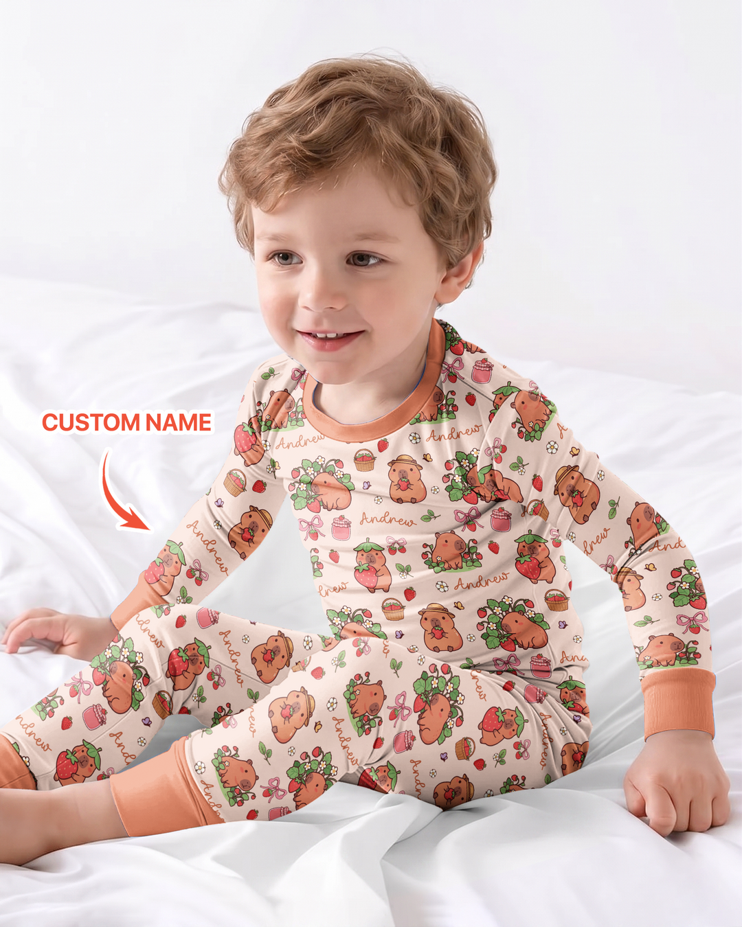 Custom Name Capybara Strawberry Bamboo Two Piece Long Sleeve Pajama Set