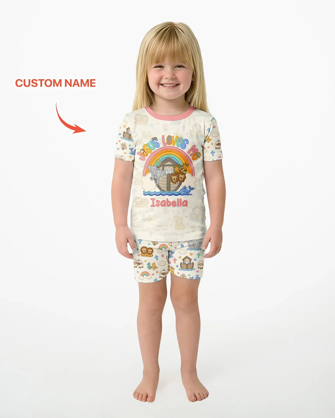 Custom Name Noah's Ark Jesus Loves Me Bamboo Two Piece Short Sleeve Shorts Pajama Set