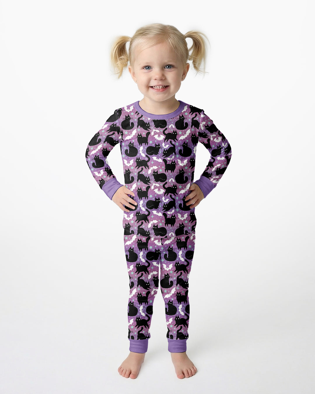 Spooky Black Cat Halloween Purple Bats Bamboo Two Piece Long Sleeve Pajama Set
