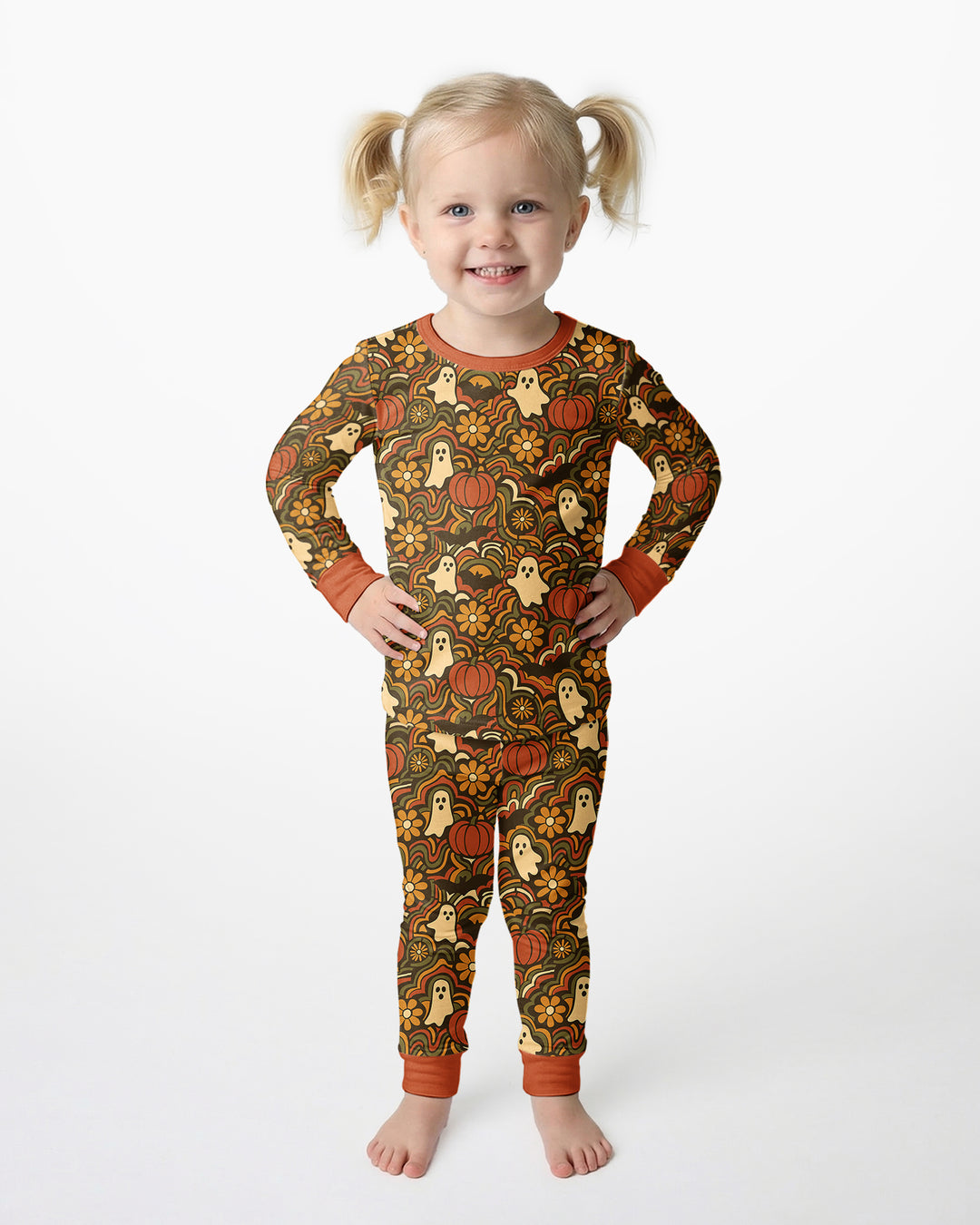 Retro Halloween Ghost Pumpkin Floral Bamboo Two Piece Long Sleeve Pajama Set