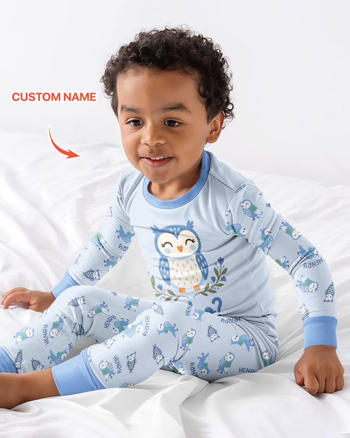 Custom Name Twin Owl Who's Who Bamboo Two Piece Long Sleeve Pajama Set