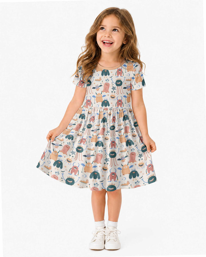 Monsters Fun Pastels Hand Painted Cute Bamboo Twirl Dress