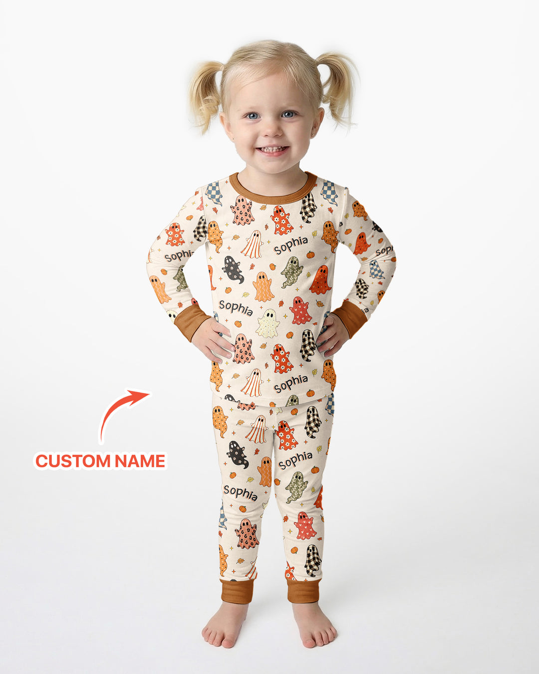 Custom Name Fall Ghost Bamboo Two Piece Long Sleeve Pajama Set