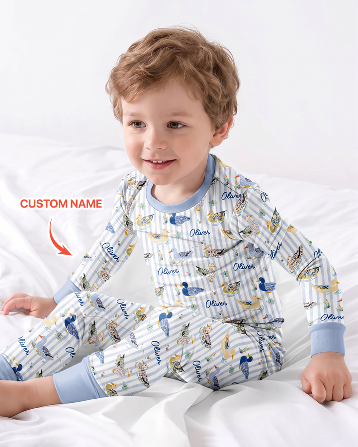 Whimsical Duck Custom Name Bamboo Two Piece Long Sleeve Pajama Set