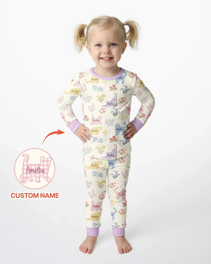 Gingham Cats Custom Name Bamboo Two Piece Long Sleeve Pajama Set